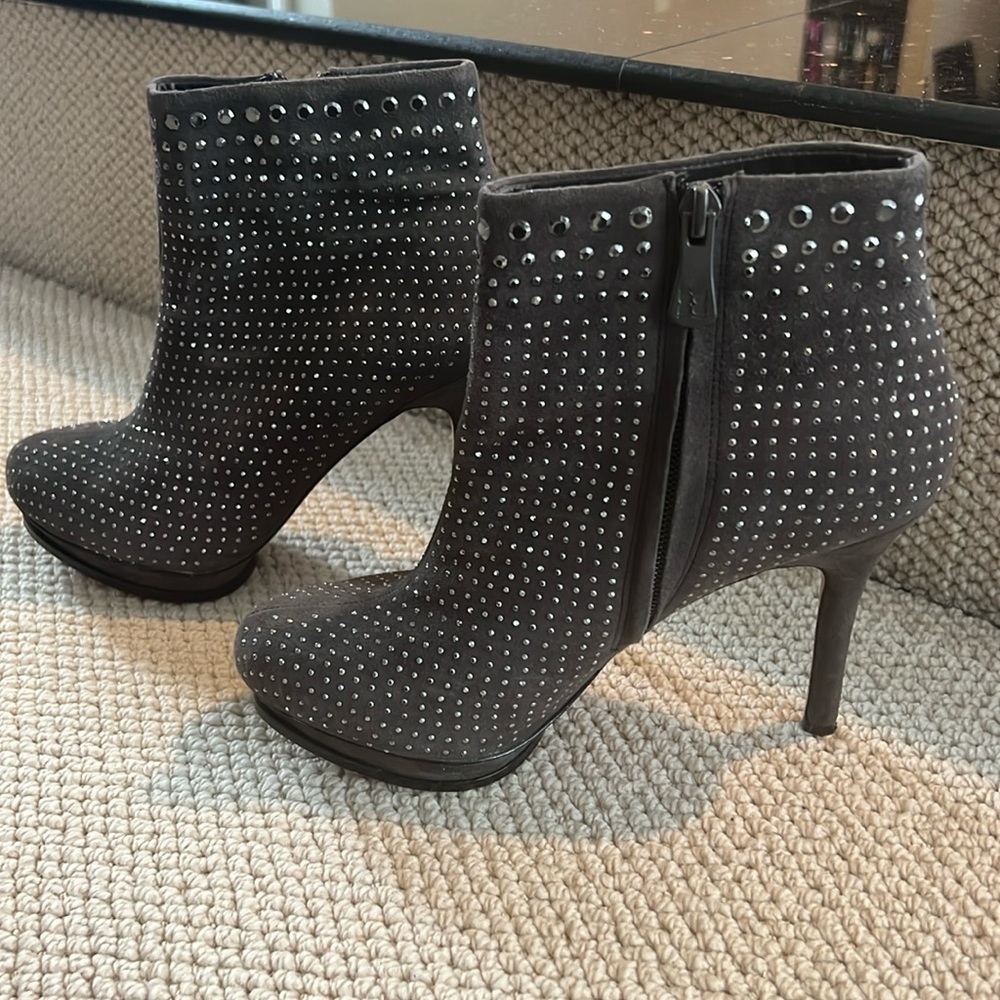 BCBG Grey suede platform booties with silver studs.